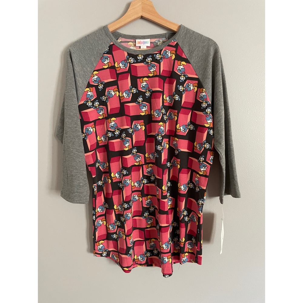 LuLaRoe Randy Tee Unisex Large Pink Donald Duck Disney Raglan Baseball Shirt